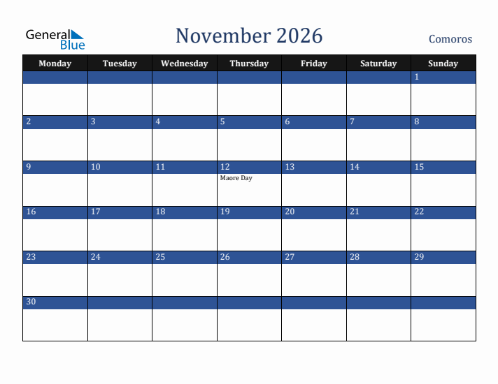 November 2026 Comoros Calendar (Monday Start)