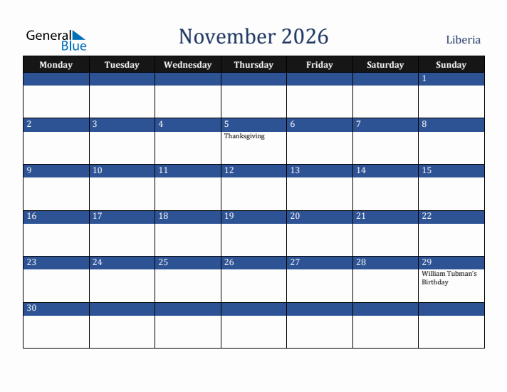 November 2026 Liberia Calendar (Monday Start)