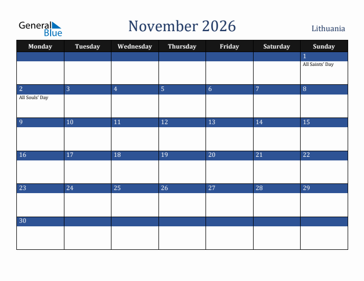 November 2026 Lithuania Calendar (Monday Start)