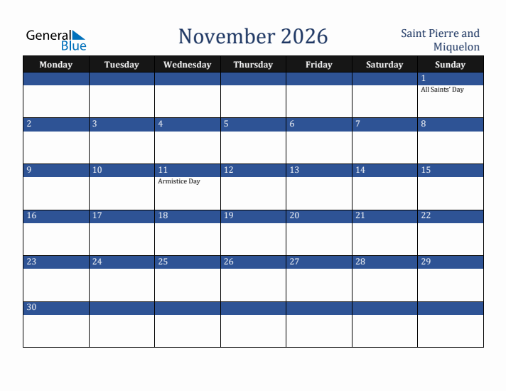 November 2026 Saint Pierre and Miquelon Calendar (Monday Start)