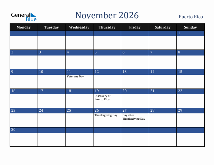 November 2026 Puerto Rico Calendar (Monday Start)