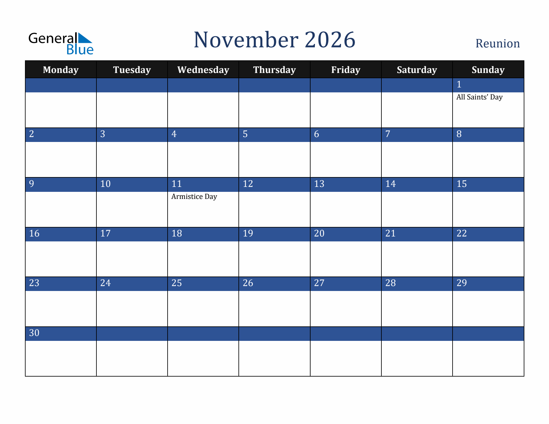 November 2026 Reunion Calendar (Monday Start)