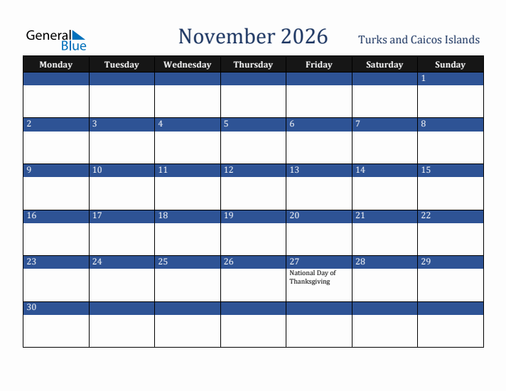 November 2026 Turks and Caicos Islands Calendar (Monday Start)