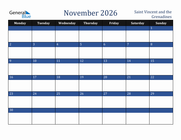 November 2026 Saint Vincent and the Grenadines Calendar (Monday Start)