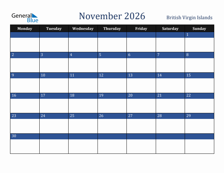 November 2026 British Virgin Islands Calendar (Monday Start)