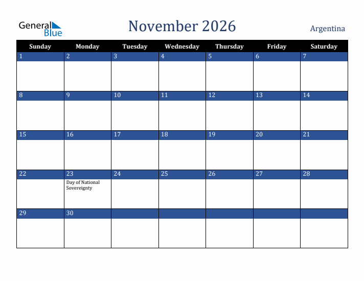 November 2026 Argentina Calendar (Sunday Start)