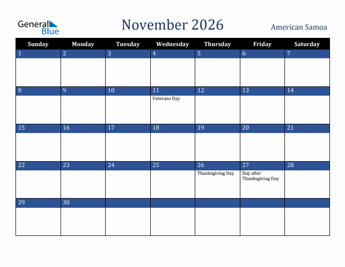 November 2026 American Samoa Calendar (Sunday Start)