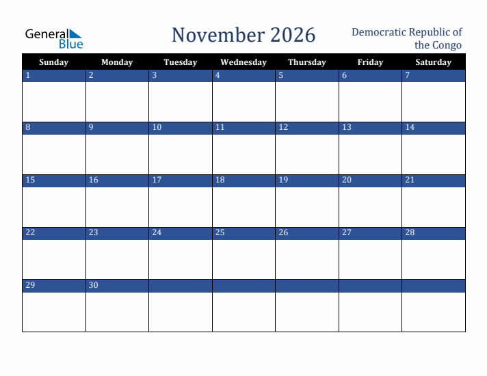 November 2026 Democratic Republic of the Congo Calendar (Sunday Start)