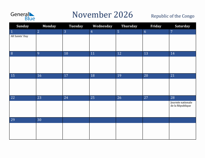 November 2026 Republic of the Congo Calendar (Sunday Start)