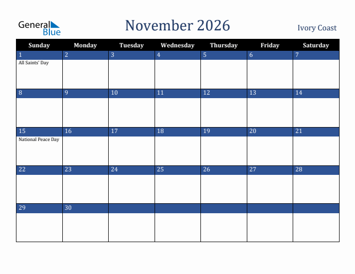 November 2026 Ivory Coast Calendar (Sunday Start)