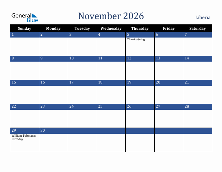 November 2026 Liberia Calendar (Sunday Start)