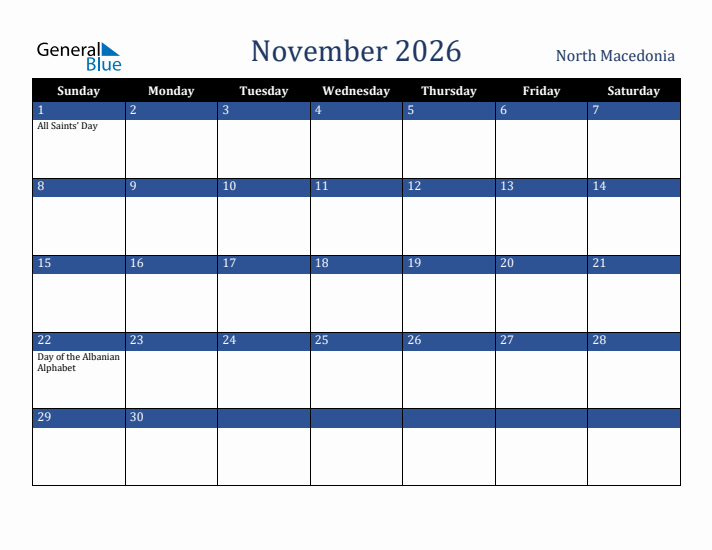 November 2026 North Macedonia Calendar (Sunday Start)