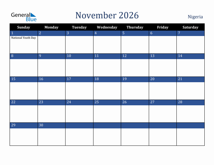 November 2026 Nigeria Calendar (Sunday Start)