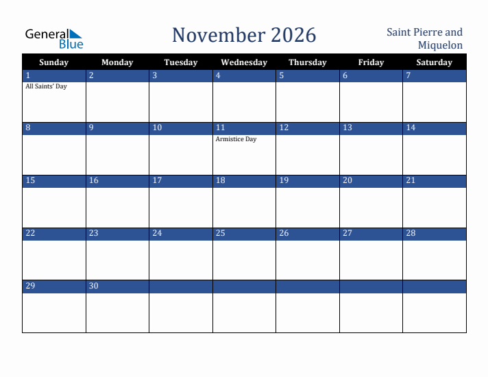 November 2026 Saint Pierre and Miquelon Calendar (Sunday Start)