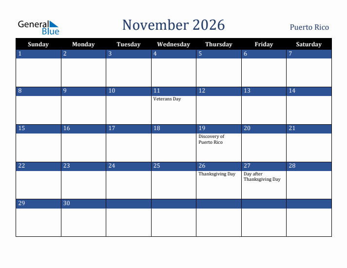 November 2026 Puerto Rico Calendar (Sunday Start)