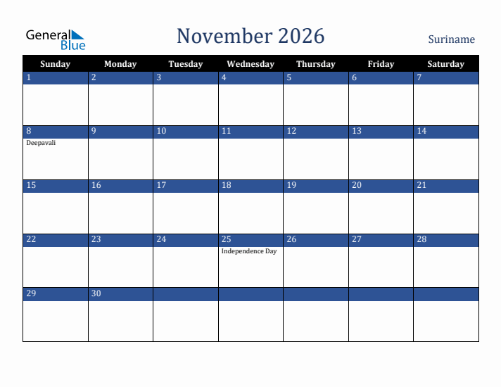 November 2026 Suriname Calendar (Sunday Start)