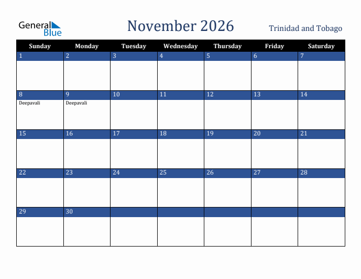 November 2026 Trinidad and Tobago Calendar (Sunday Start)