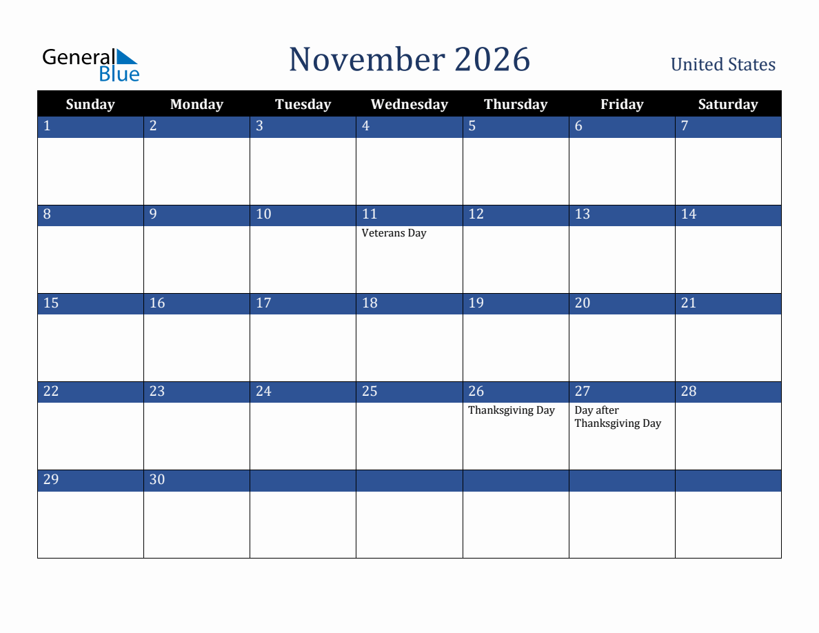 November 2026 United States Holiday Calendar