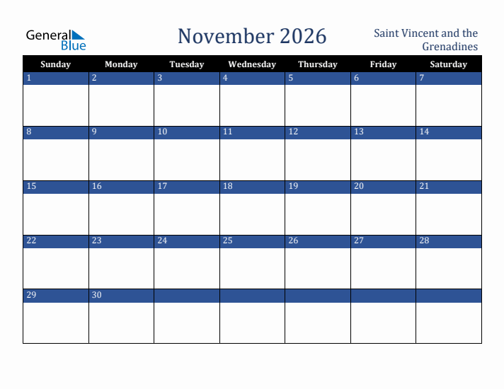 November 2026 Saint Vincent and the Grenadines Calendar (Sunday Start)