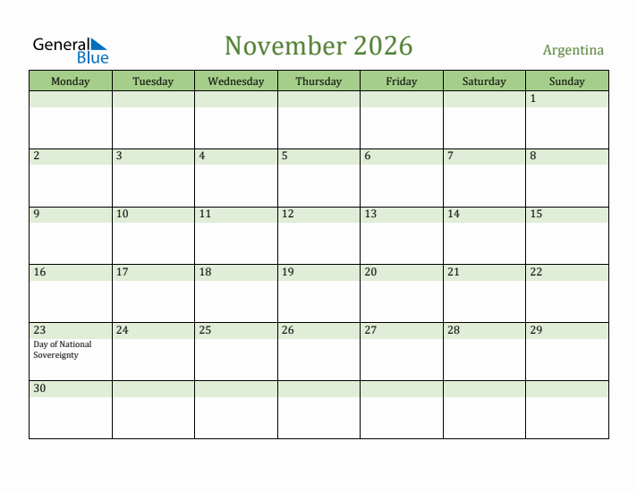 November 2026 Calendar with Argentina Holidays