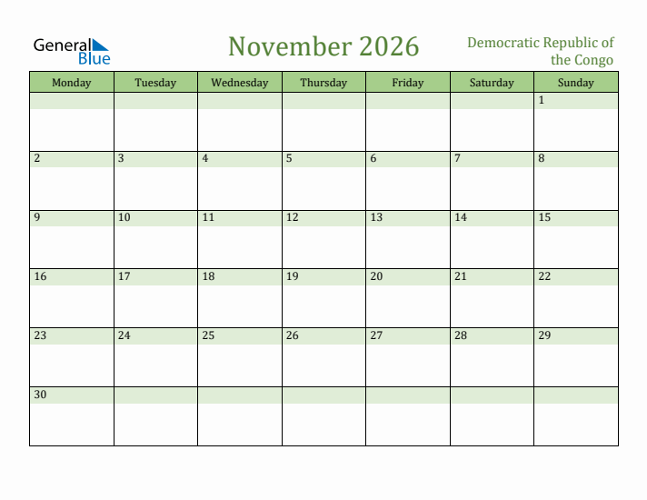 November 2026 Calendar with Democratic Republic of the Congo Holidays