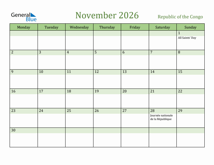 November 2026 Calendar with Republic of the Congo Holidays