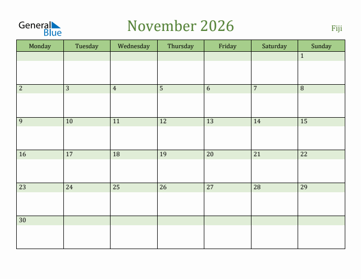 November 2026 Calendar with Fiji Holidays