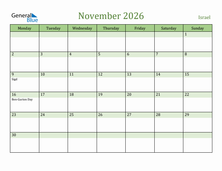 November 2026 Calendar with Israel Holidays