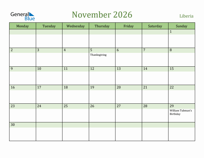 November 2026 Calendar with Liberia Holidays
