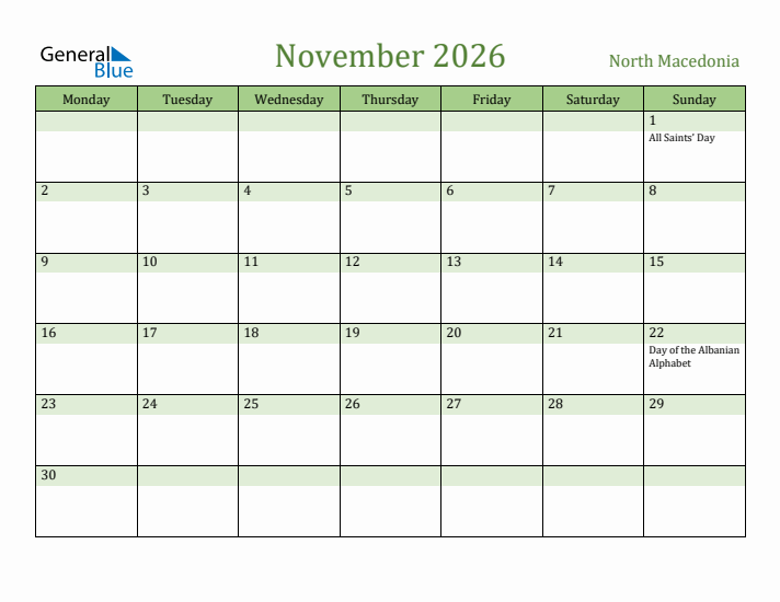 November 2026 Calendar with North Macedonia Holidays