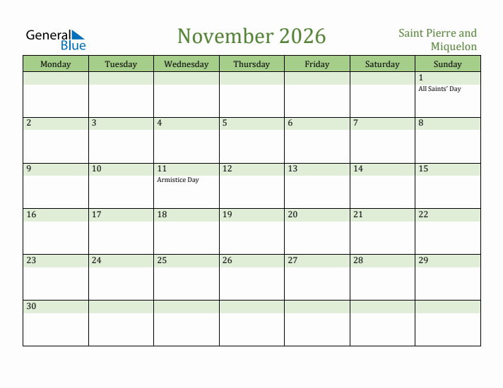 November 2026 Calendar with Saint Pierre and Miquelon Holidays