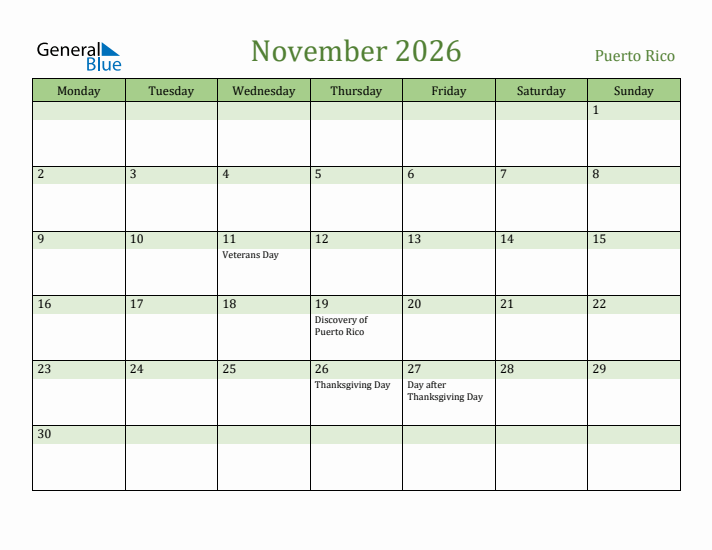 November 2026 Calendar with Puerto Rico Holidays