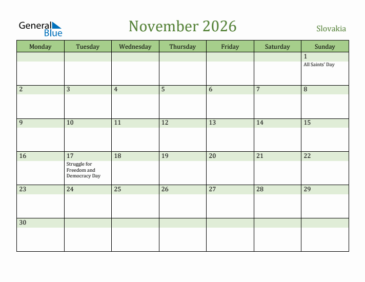 November 2026 Calendar with Slovakia Holidays