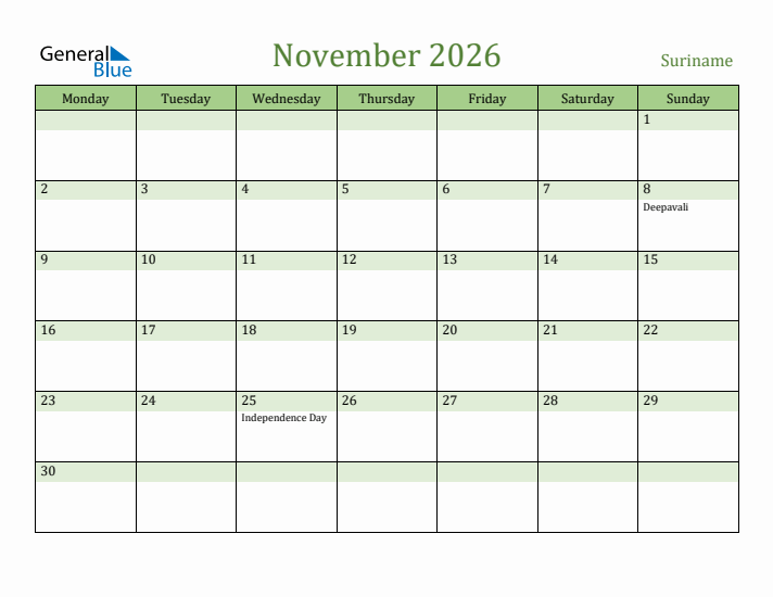November 2026 Calendar with Suriname Holidays