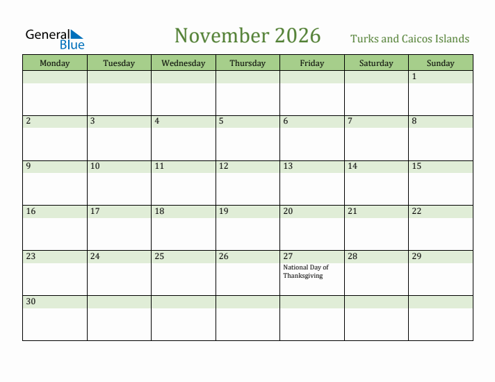 November 2026 Calendar with Turks and Caicos Islands Holidays