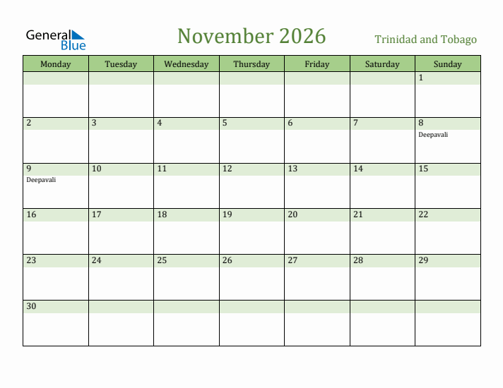 November 2026 Calendar with Trinidad and Tobago Holidays