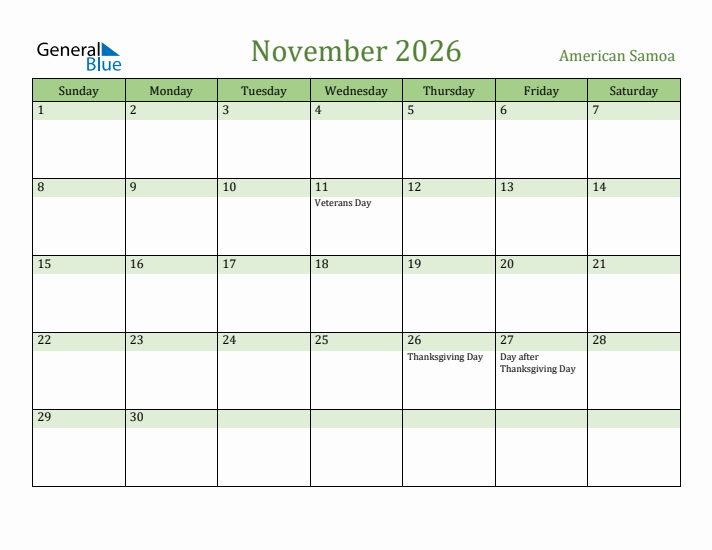 November 2026 Calendar with American Samoa Holidays