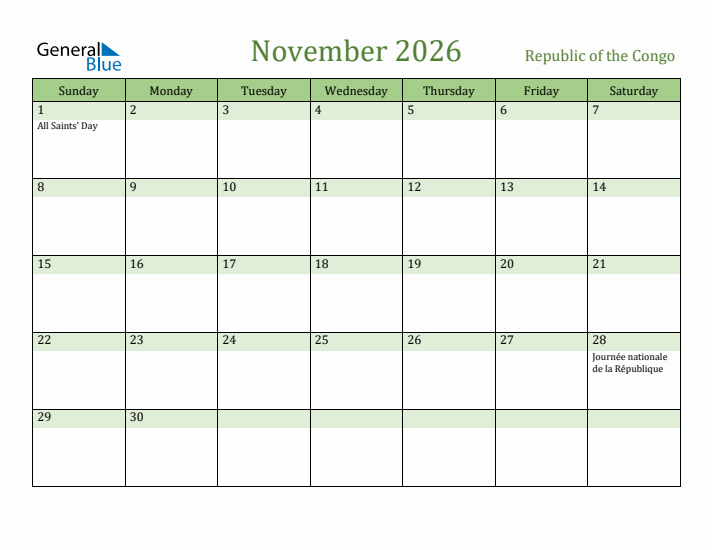 November 2026 Calendar with Republic of the Congo Holidays