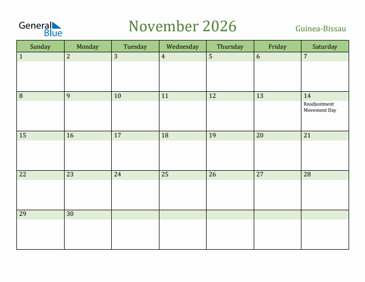 November 2026 Calendar with Guinea-Bissau Holidays