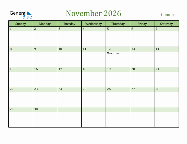 November 2026 Calendar with Comoros Holidays