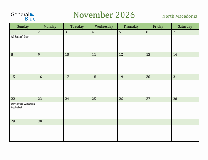November 2026 Calendar with North Macedonia Holidays