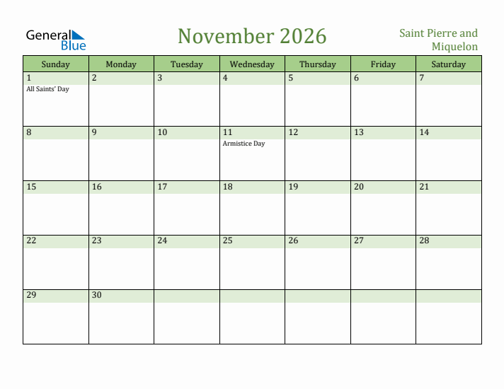 November 2026 Calendar with Saint Pierre and Miquelon Holidays
