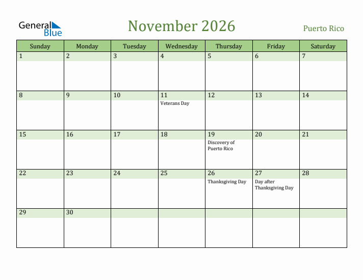 November 2026 Calendar with Puerto Rico Holidays
