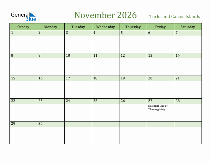 November 2026 Calendar with Turks and Caicos Islands Holidays