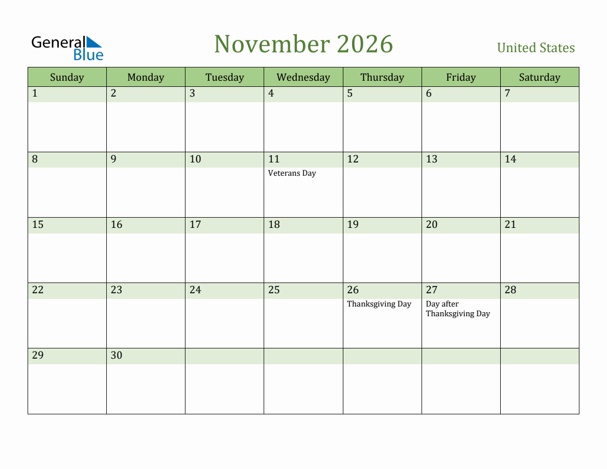 Fillable Holiday Calendar for United States - November 2026