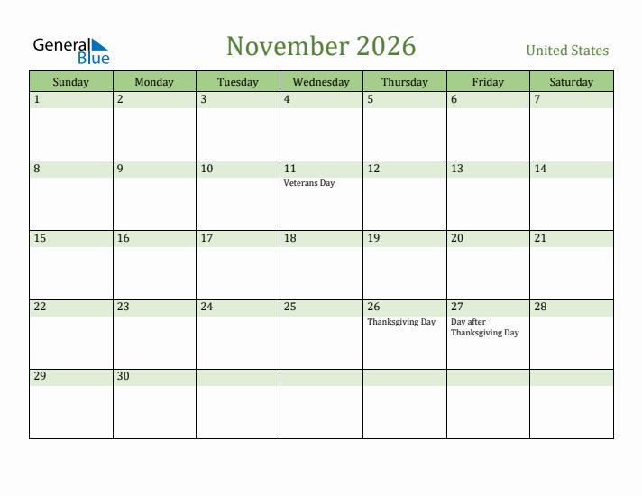 November 2026 Monthly Calendars With United States Holidays
