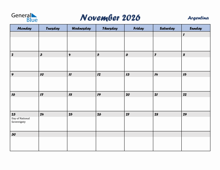 November 2026 Calendar with Holidays in Argentina