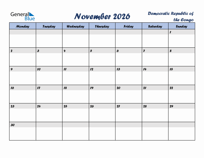 November 2026 Calendar with Holidays in Democratic Republic of the Congo