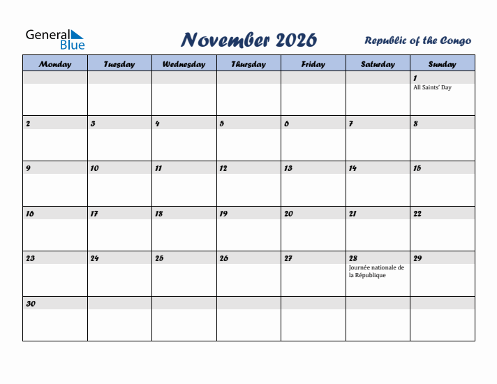 November 2026 Calendar with Holidays in Republic of the Congo