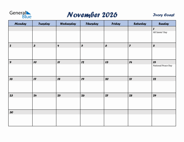 November 2026 Calendar with Holidays in Ivory Coast